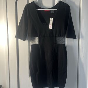 LINQ Black Bodycon V-Neck Dress Mesh Cutout Waist Medium NWT